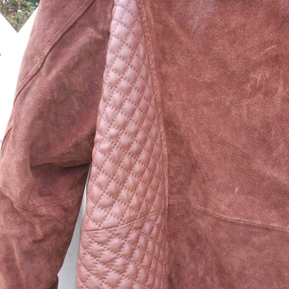 Isaac Mizrahi Women's 22W Suede Leather Moto Jacket Brown Rust Quilted Zip Up - Picture 13 of 15